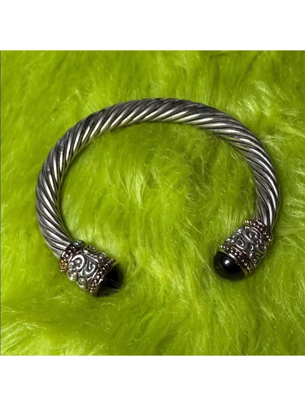 Twisted Cable Cuff Bracelet – Silver Tone with Black End Caps - Picture 5 of 5